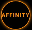 Logo du site vitrine et blog Affinity Story avec AFFINITY écrit en orange sur fond noir et avec une bordure cerclé en orange qui brillle.