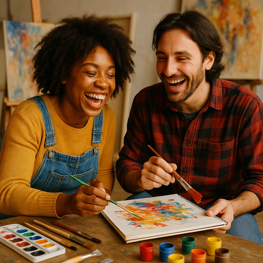 Two people enthusiastically engaged in a shared ho